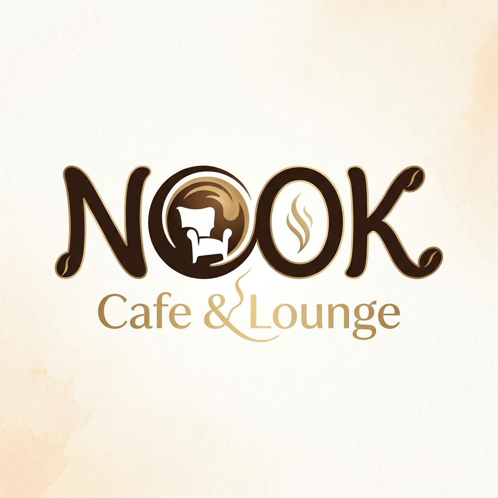 AI Design for Create a highly creative and premium text-based logo for "NOOK Cafe & Lounge" where the typography itself tells the café story. Integrate subtle coffee-inspired elements directly into the letters without using separate icons. The letter "O" can feature a stylish coffee swirl, steam pattern, or cozy lounge-inspired negative space. Letters should flow smoothly with warm, inviting curves that evoke the feeling of a modern café and relaxing lounge. Elegant custom typography, handcrafted wordmark, luxury café branding, minimalist yet artistic, sophisticated coffeehouse atmosphere, premium vector design, perfect balance between creativity and readability, warm earthy tones, espresso brown, cream, and subtle gold accents, clean background, award-winning branding style, memorable and unique.