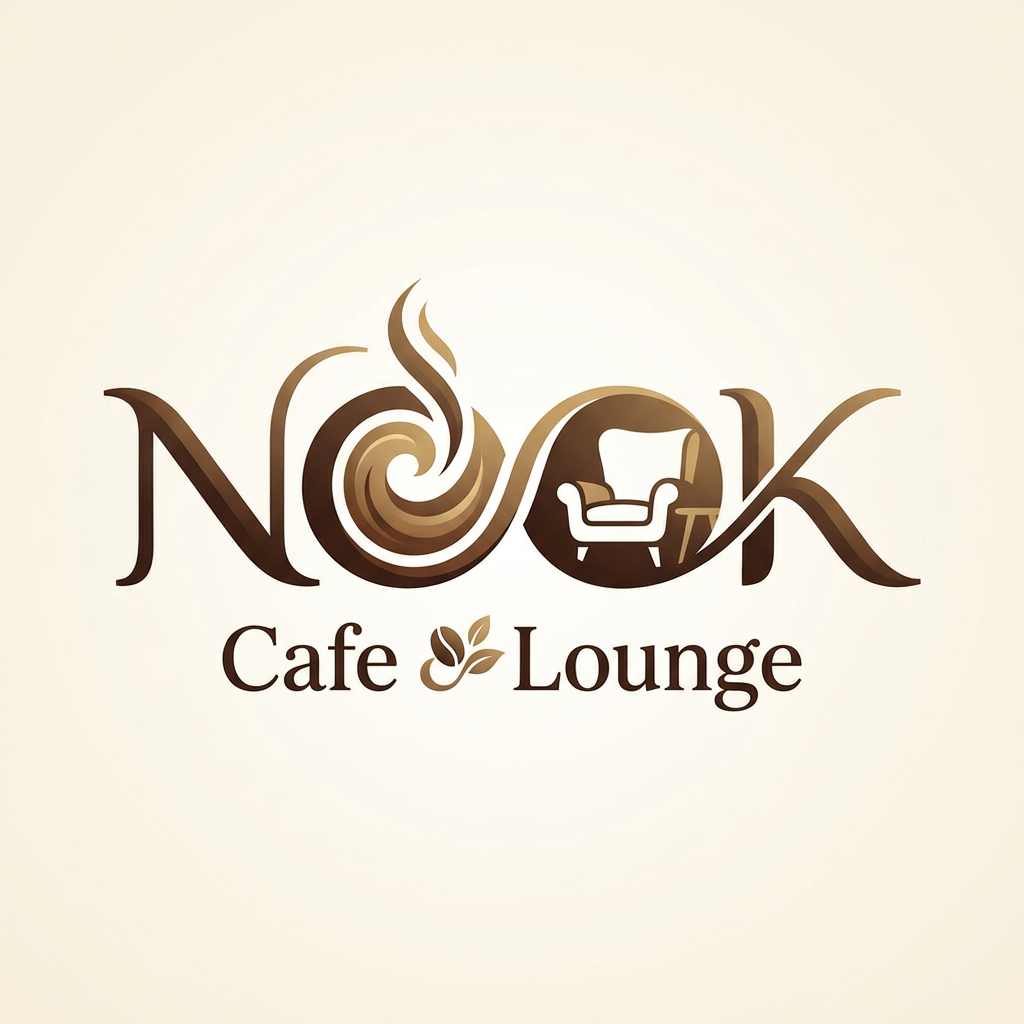 AI Design for Create a highly creative and premium text-based logo for "NOOK Cafe & Lounge" where the typography itself tells the café story. Integrate subtle coffee-inspired elements directly into the letters without using separate icons. The letter "O" can feature a stylish coffee swirl, steam pattern, or cozy lounge-inspired negative space. Letters should flow smoothly with warm, inviting curves that evoke the feeling of a modern café and relaxing lounge. Elegant custom typography, handcrafted wordmark, luxury café branding, minimalist yet artistic, sophisticated coffeehouse atmosphere, premium vector design, perfect balance between creativity and readability, warm earthy tones, espresso brown, cream, and subtle gold accents, clean background, award-winning branding style, memorable and unique.