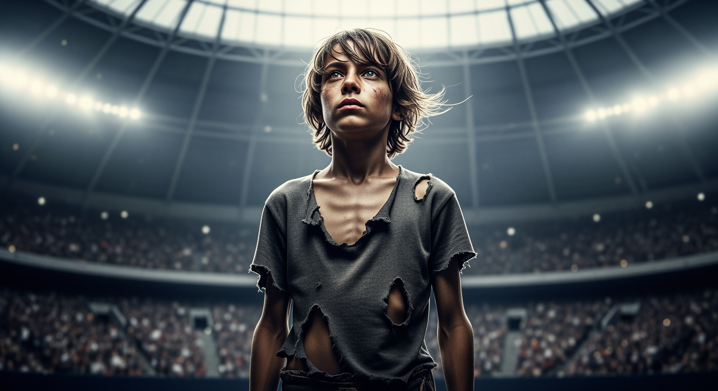 AI Design for Cinematic portrait of a thin, poor young boy standing in front of a massive boxing arena, torn clothes, determined eyes, wind blowing slightly, dramatic lighting on face, crowd blurred in background, inspirational mood, ultra realistic, shallow depth of field, film grain, emotional storytelling style