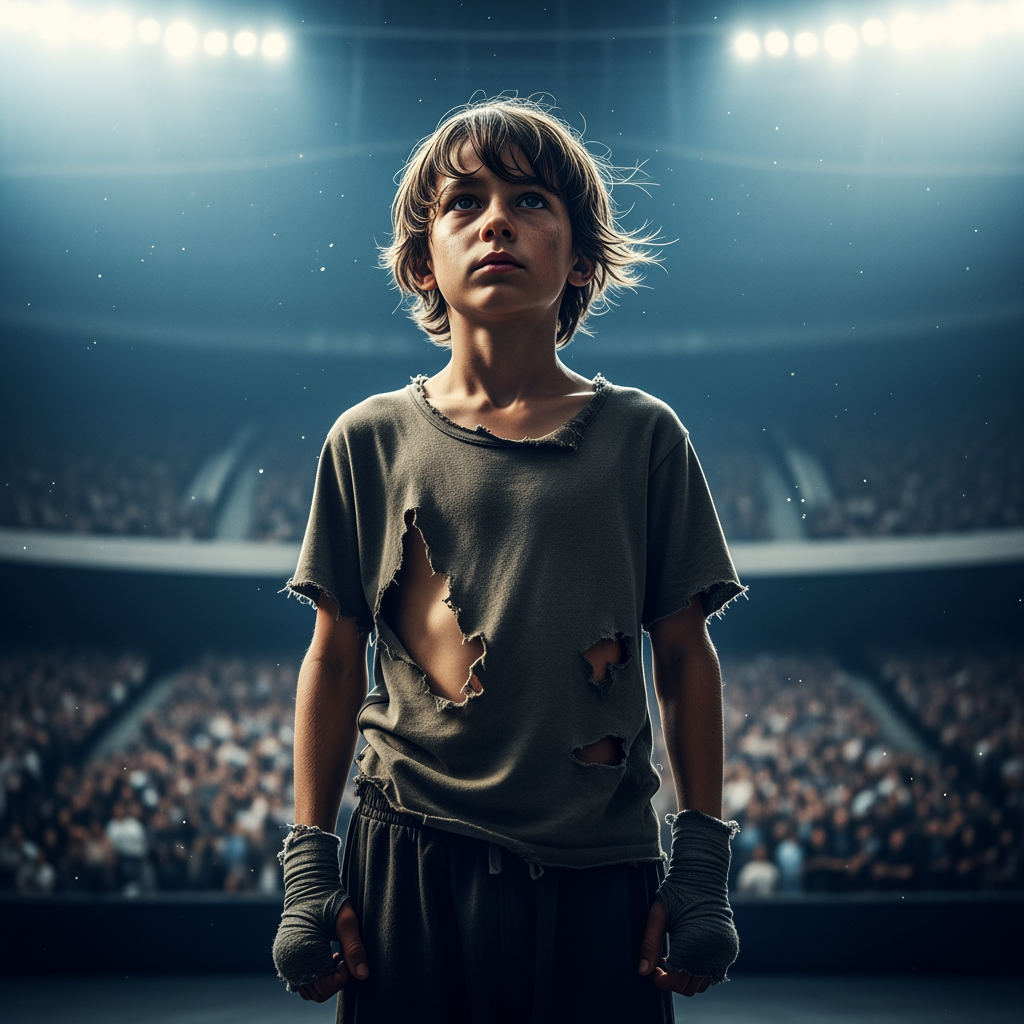 AI Design for Cinematic portrait of a thin, poor young boy standing in front of a massive boxing arena, torn clothes, determined eyes, wind blowing slightly, dramatic lighting on face, crowd blurred in background, inspirational mood, ultra realistic, shallow depth of field, film grain, emotional storytelling style