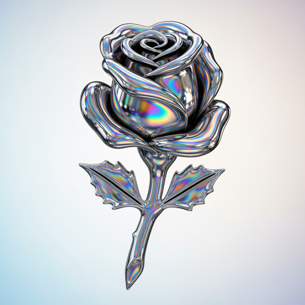 AI Design for Logo icon: a rose sculpted from liquid chrome and polished metal, flowing reflective surface, Y2K futuristic. Mirror-like silver with iridescent rainbow reflections, set against a light or soft-gradient background. Sleek, cool, high-gloss, dimensional. Bold and maximalist, no text.
Short: chrome liquid-metal rose, iridescent reflections, Y2K futuristic, glossy 3D, light bg, no text