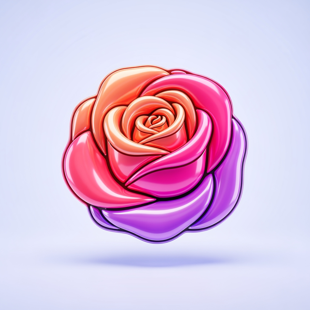 AI Design for Logo icon: a rose rendered as a glossy 3D object, smooth and dimensional like a polished mirror-ball or a shiny enamel pin. Soft studio highlights, subtle reflections, rich depth. Vibrant warm-meets-cool palette: coral, hot pink, electric lavender. Clean light background. Playful, premium, futuristic. Maximalist detail, no text.