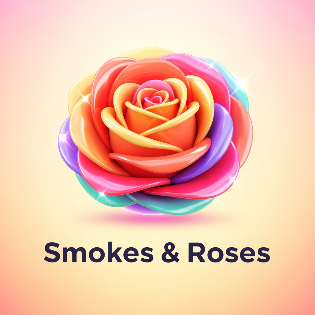 AI Design for Logo for "Smokes & Roses," a bold creative agency. A single rose as the hero mark, reimagined in a fun, futuristic, maximalist style — glossy, dimensional, vibrant. Bright warm palette: coral, peach, sunset orange, hot pink, with cool accents of electric lavender and mint. Light, optimistic background (warm cream or soft glow). Playful and energetic, retro-futuristic, with depth and shine — think a rose rendered like a glossy 3D emoji or an iridescent disco object. Maximalist detail, smooth gradients, soft highlights. Modern, cool, joyful. Not dark, not vintage, not minimalist.