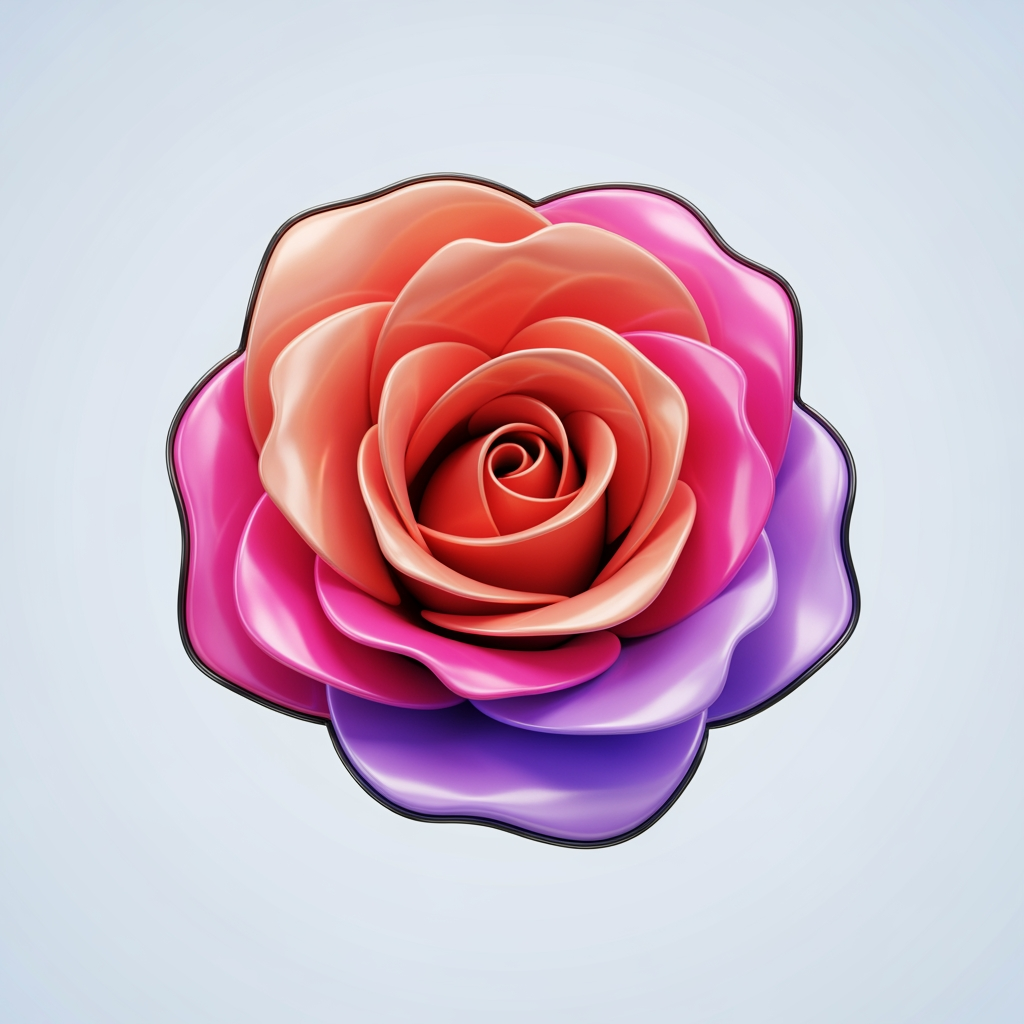 AI Design for Logo icon: a rose rendered as a glossy 3D object, smooth and dimensional like a polished mirror-ball or a shiny enamel pin. Soft studio highlights, subtle reflections, rich depth. Vibrant warm-meets-cool palette: coral, hot pink, electric lavender. Clean light background. Playful, premium, futuristic. Maximalist detail, no text.
