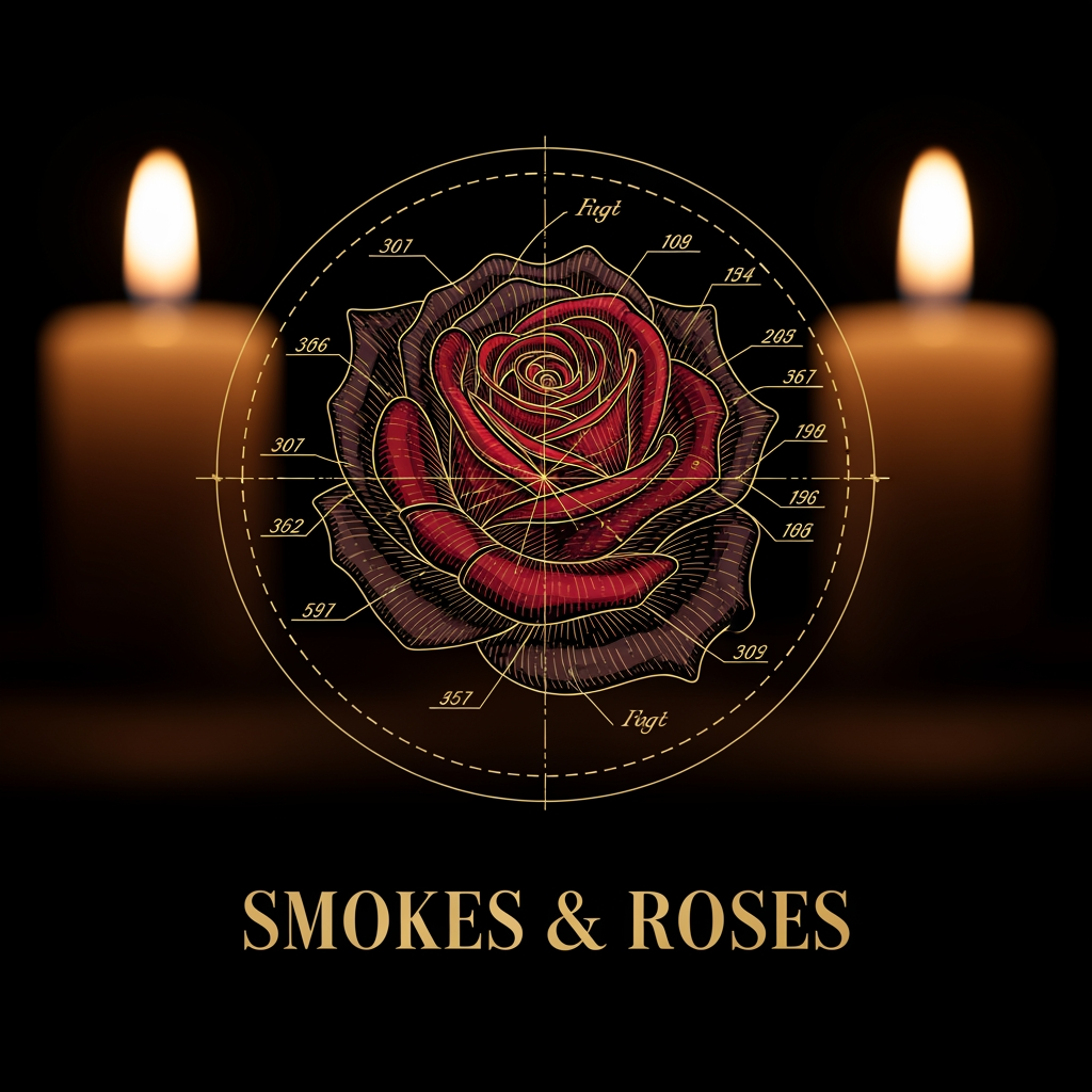 AI Design for Logo for "Smokes & Roses," a high-end creative agency. A single rose as the hero mark, rendered as a vintage technical patent diagram — fine gold line work with faint construction circles and callout lines, like an old blueprint or botanical engraving. Deep crimson and oxblood rose, antique gold linework, on a near-black candlelit background. Mood: vintage, maximalist, cinematic, premium with a roguish wink. Flat vector, elegant, symmetrical, high detail. Not minimalist, no gradients, no photorealism.