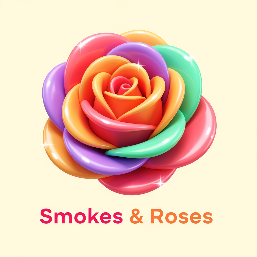 AI Design for Logo for "Smokes & Roses," a bold creative agency. A single rose as the hero mark, reimagined in a fun, futuristic, maximalist style — glossy, dimensional, vibrant. Bright warm palette: coral, peach, sunset orange, hot pink, with cool accents of electric lavender and mint. Light, optimistic background (warm cream or soft glow). Playful and energetic, retro-futuristic, with depth and shine — think a rose rendered like a glossy 3D emoji or an iridescent disco object. Maximalist detail, smooth gradients, soft highlights. Modern, cool, joyful. Not dark, not vintage, not minimalist.