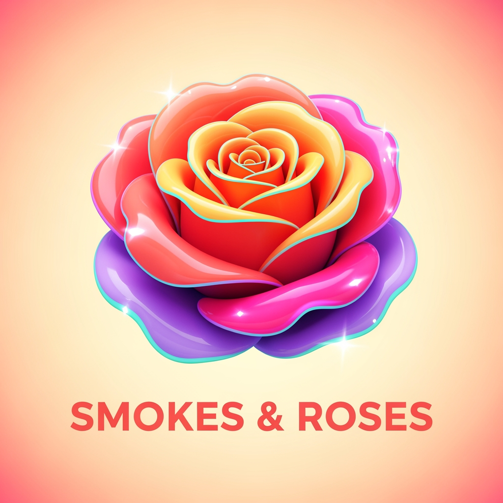 AI Design for Logo for "Smokes & Roses," a bold creative agency. A single rose as the hero mark, reimagined in a fun, futuristic, maximalist style — glossy, dimensional, vibrant. Bright warm palette: coral, peach, sunset orange, hot pink, with cool accents of electric lavender and mint. Light, optimistic background (warm cream or soft glow). Playful and energetic, retro-futuristic, with depth and shine — think a rose rendered like a glossy 3D emoji or an iridescent disco object. Maximalist detail, smooth gradients, soft highlights. Modern, cool, joyful. Not dark, not vintage, not minimalist.