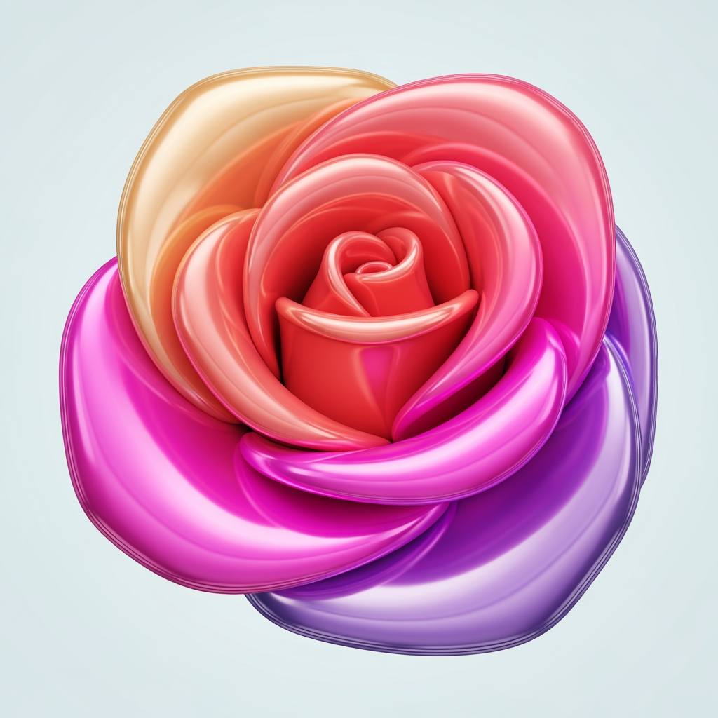 AI Design for Logo icon: a rose rendered as a glossy 3D object, smooth and dimensional like a polished mirror-ball or a shiny enamel pin. Soft studio highlights, subtle reflections, rich depth. Vibrant warm-meets-cool palette: coral, hot pink, electric lavender. Clean light background. Playful, premium, futuristic. Maximalist detail, no text.