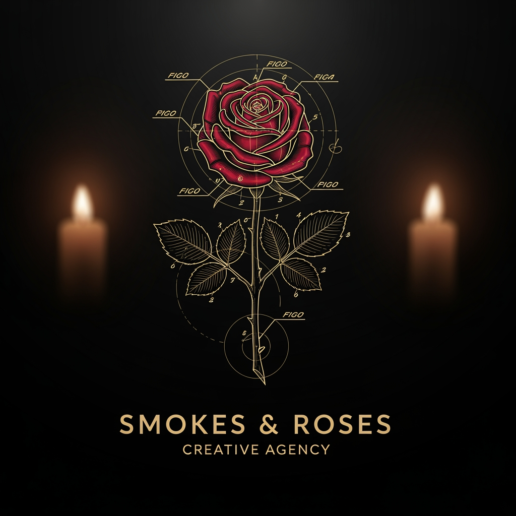 AI Design for Logo for "Smokes & Roses," a high-end creative agency. A single rose as the hero mark, rendered as a vintage technical patent diagram — fine gold line work with faint construction circles and callout lines, like an old blueprint or botanical engraving. Deep crimson and oxblood rose, antique gold linework, on a near-black candlelit background. Mood: vintage, maximalist, cinematic, premium with a roguish wink. Flat vector, elegant, symmetrical, high detail. Not minimalist, no gradients, no photorealism.