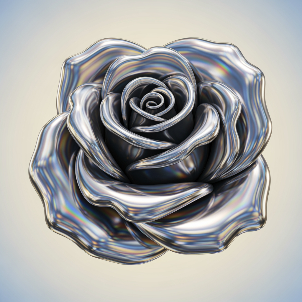 AI Design for Logo icon: a rose sculpted from liquid chrome and polished metal, flowing reflective surface, Y2K futuristic. Mirror-like silver with iridescent rainbow reflections, set against a light or soft-gradient background. Sleek, cool, high-gloss, dimensional. Bold and maximalist, no text.
Short: chrome liquid-metal rose, iridescent reflections, Y2K futuristic, glossy 3D, light bg, no text