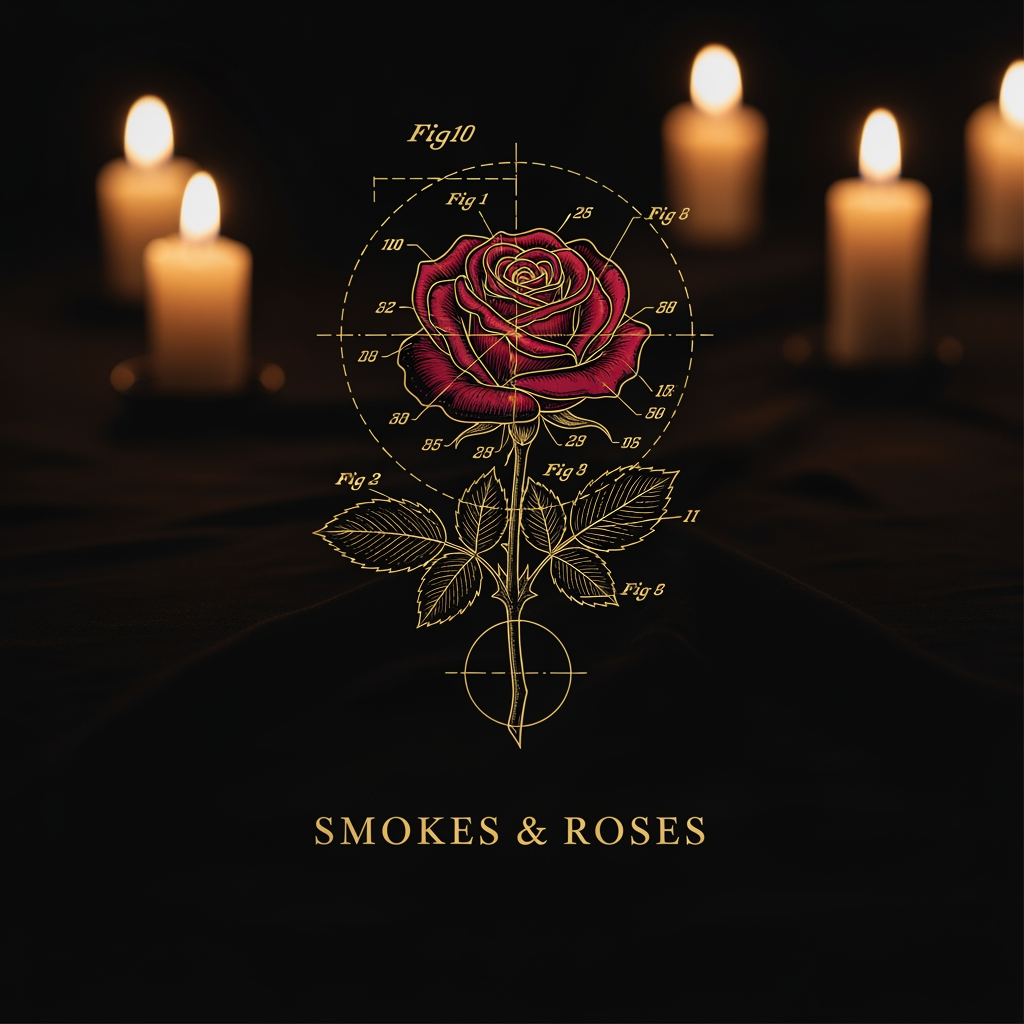 AI Design for Logo for "Smokes & Roses," a high-end creative agency. A single rose as the hero mark, rendered as a vintage technical patent diagram — fine gold line work with faint construction circles and callout lines, like an old blueprint or botanical engraving. Deep crimson and oxblood rose, antique gold linework, on a near-black candlelit background. Mood: vintage, maximalist, cinematic, premium with a roguish wink. Flat vector, elegant, symmetrical, high detail. Not minimalist, no gradients, no photorealism.
