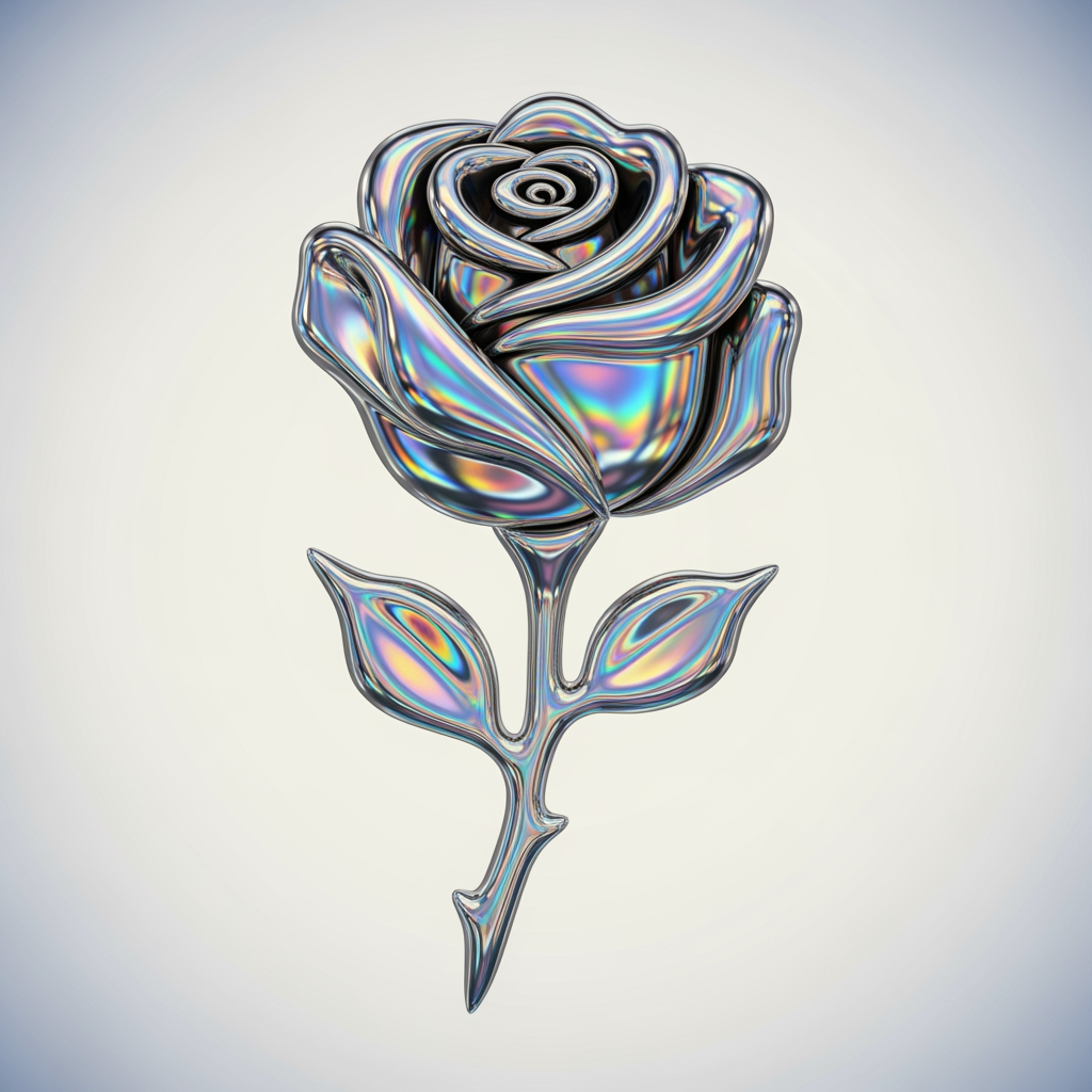 AI Design for Logo icon: a rose sculpted from liquid chrome and polished metal, flowing reflective surface, Y2K futuristic. Mirror-like silver with iridescent rainbow reflections, set against a light or soft-gradient background. Sleek, cool, high-gloss, dimensional. Bold and maximalist, no text.
Short: chrome liquid-metal rose, iridescent reflections, Y2K futuristic, glossy 3D, light bg, no text