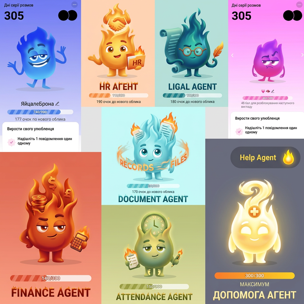 AI Design for make 5 character like this
 hr agemnt 
ligal agent
document agent
finance agent
Fattendance agrnt
help agent

their fire style must be diffrent
make them 3d
look at the pic i attached
in their fire show their jobe like doc like ligal