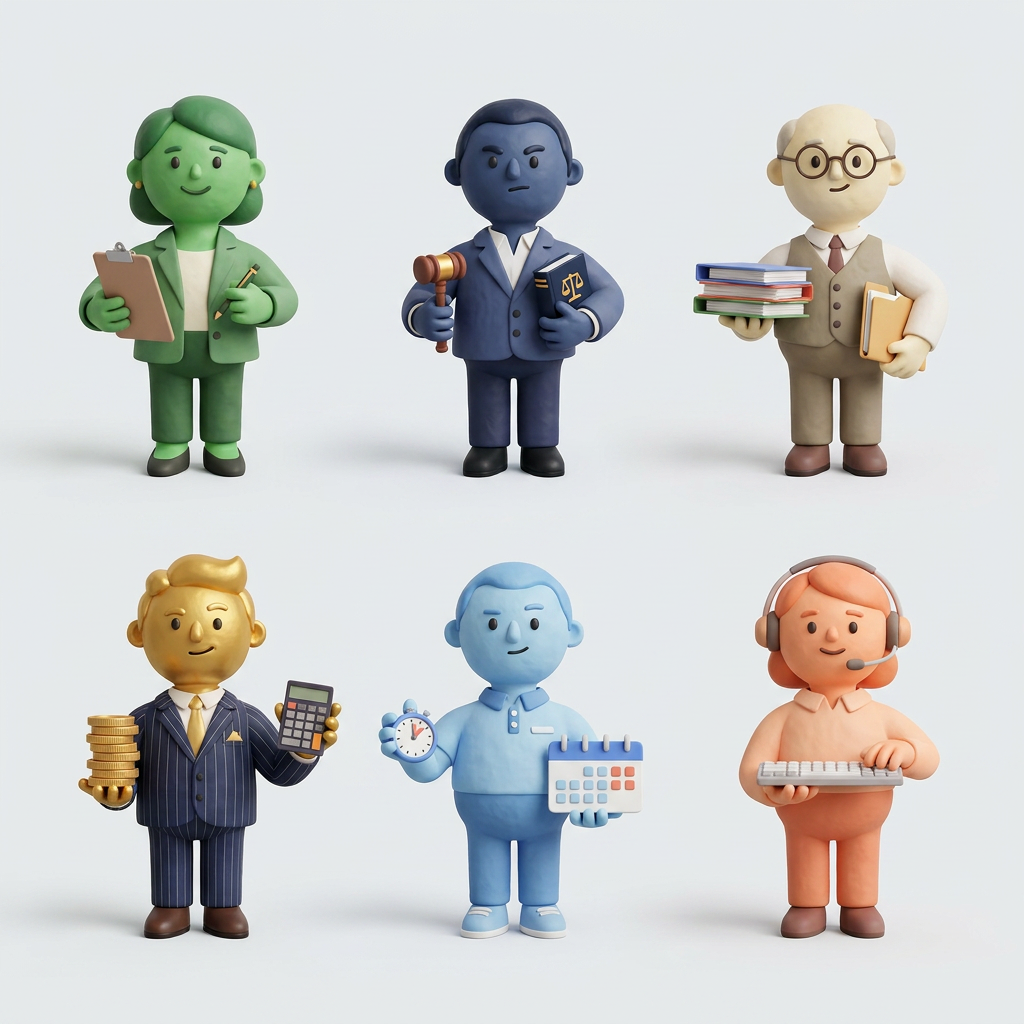 AI Design for A collection of 6 stylized 3D characters, each representing a unique professional role: HR agent, legal agent, document agent, finance agent, attendance agent, and help desk agent. Each character features a distinct fashion style, personality, and color palette, rendered with soft, friendly, rounded features and high-quality claymation-style textures. The characters should look intentionally crafted with human-like charm and warmth, captured in a clean studio setting with soft, diffuse lighting and a shallow depth of field.