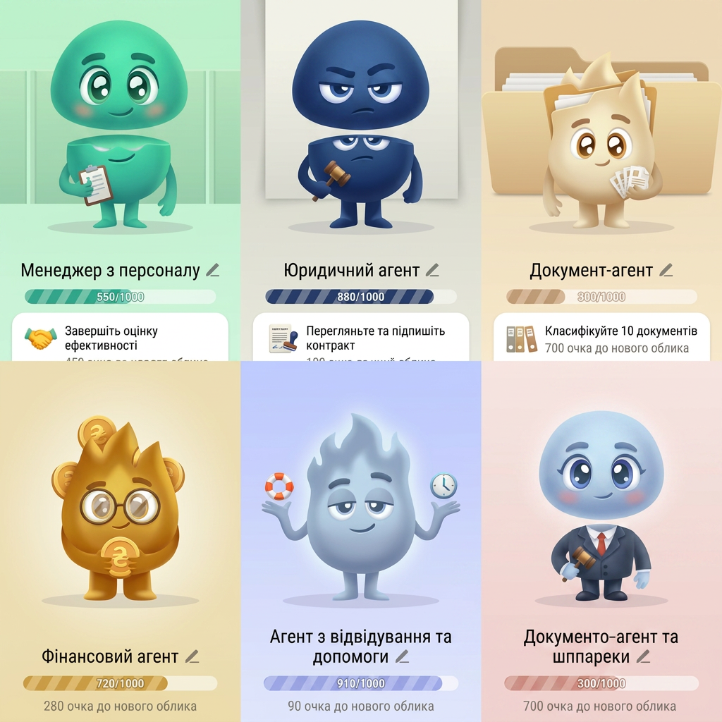 AI Design for A collection of 6 stylized 3D characters, each representing a unique professional role: HR agent, legal agent, document agent, finance agent, attendance agent, and help desk agent. Each character features a distinct fashion style, personality, and color palette, rendered with soft, friendly, rounded features and high-quality 
for human style make their head seprate from body and their face change big eye
