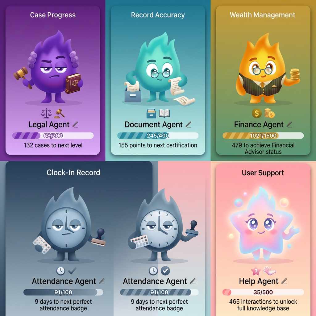 AI Design for make 5 character like this
these are my agenet
 like hr agemnt 
ligal agent
document agent
finance agent
Fattendance agrnt
help agent

their style must be diffrent