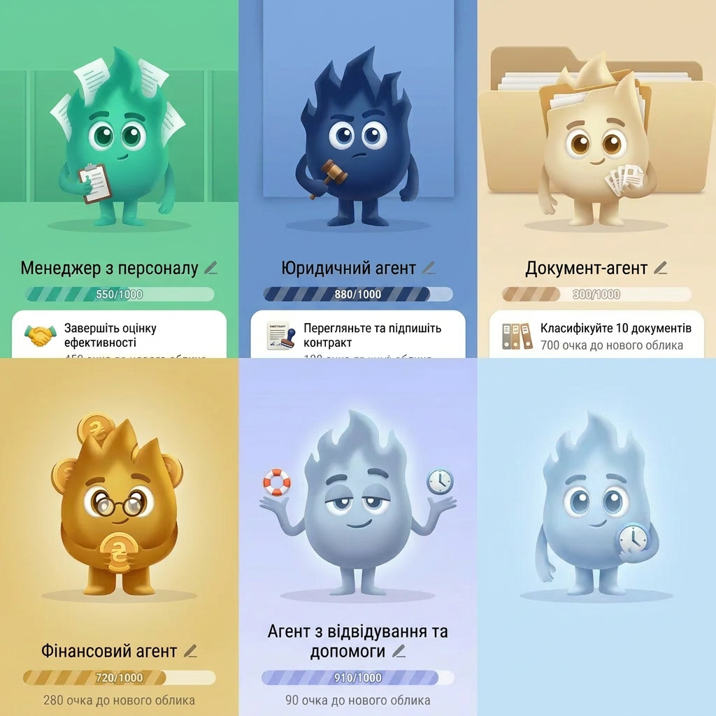 AI Design for A collection of 6 stylized 3D characters, each representing a unique professional role: HR agent, legal agent, document agent, finance agent, attendance agent, and help desk agent. Each character features a distinct fashion style, personality, and color palette, rendered with soft, friendly, rounded features and high-quality 
for human style make their head seprate from body and their face change big eye