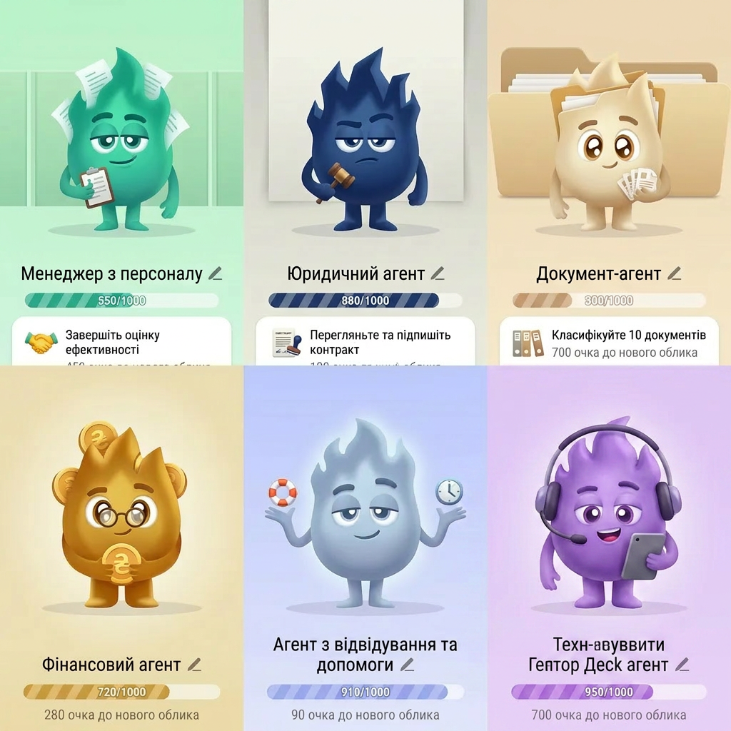 AI Design for A collection of 6 stylized 3D characters, each representing a unique professional role: HR agent, legal agent, document agent, finance agent, attendance agent, and help desk agent. Each character features a distinct fashion style, personality, and color palette, rendered with soft, friendly, rounded features and high-quality  The characters should look intentionally crafted
make them like hand