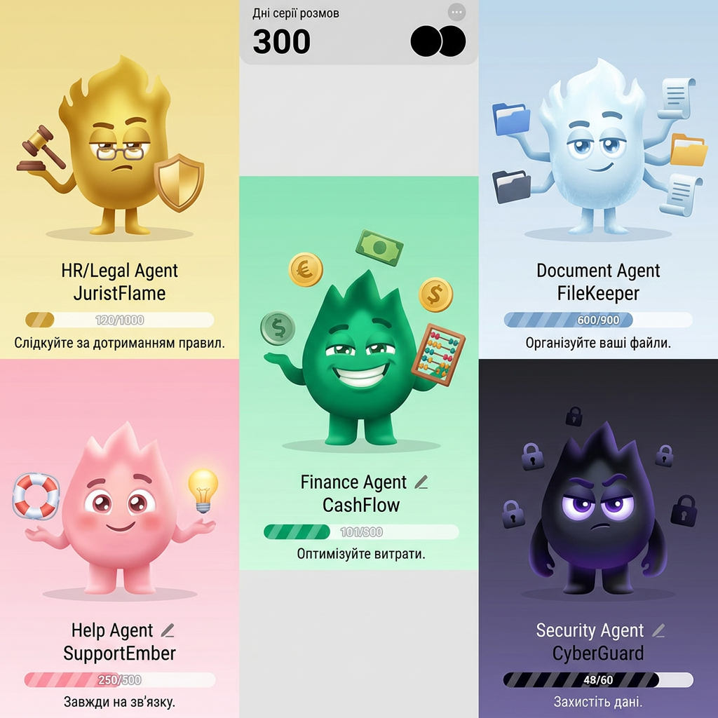 AI Design for make 5 character like this
these are my agenet
 like hr agemnt ligal agent
document agent
finance agent
help agent