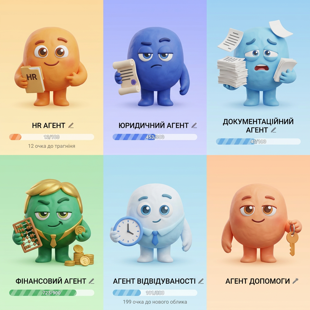 AI Design for A collection of 6 stylized 3D characters, each representing a unique professional role: HR agent, legal agent, document agent, finance agent, attendance agent, and help desk agent. Each character features a distinct fashion style, personality, and color palette, rendered with soft, friendly, rounded features and high-quality claymation-style textures. The characters should look intentionally crafted with human-like charm and warmth, captured in a clean studio setting with soft, diffuse lighting and a shallow depth of field.