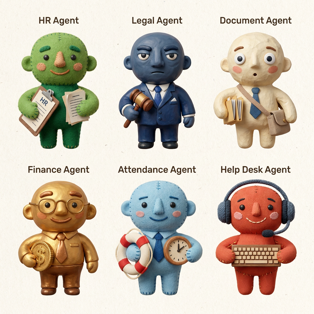 AI Design for A collection of 6 stylized 3D characters, each representing a unique professional role: HR agent, legal agent, document agent, finance agent, attendance agent, and help desk agent. Each character features a distinct fashion style, personality, and color palette, rendered with soft, friendly, rounded features and high-quality  The characters should look intentionally crafted
make them like hand