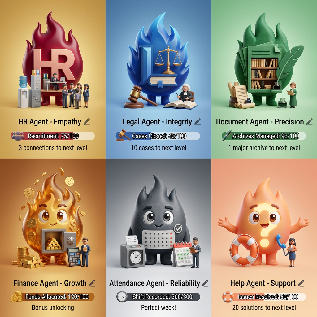 AI Design for make 5 character like this
 hr agemnt 
ligal agent
document agent
finance agent
Fattendance agrnt
help agent

their fire style must be diffrent
make them 3d
look at the pic i attached
in their fire show their jobe like doc like ligal