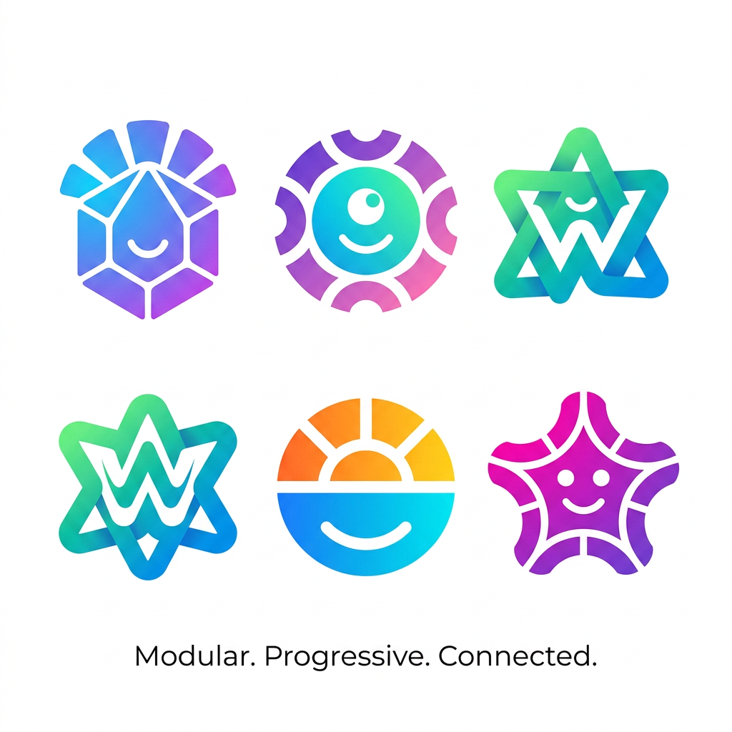 AI Design for A set of minimal, abstract geometric mascots designed as a cohesive brand ecosystem. Each character features modular, rounded forms and smooth, clean curves, rendered in a flat vector style with vibrant neon gradients. The mascots possess unique silhouettes and distinct color palettes while sharing a unified design DNA, evoking a friendly, intelligent, and premium SaaS aesthetic. Isolated on a crisp white background, these iconic avatars are optimized for clarity
theu all use near character