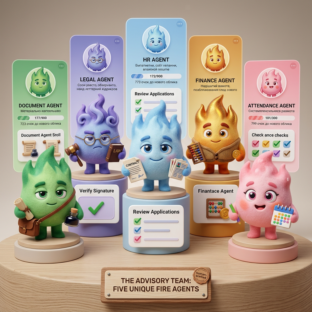 AI Design for make 5 character like this
 hr agemnt 
ligal agent
document agent
finance agent
Fattendance agrnt
help agent

their fire style must be diffrent
make them 3d
look at the pic i attached
they are very soft and friendly
dont be like ai maked design them like a human make them