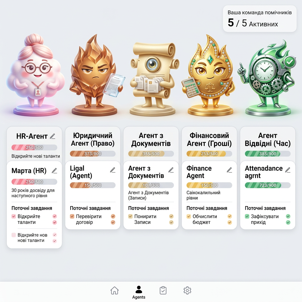 AI Design for make 5 character like this
these are my agenet
 like hr agemnt 
ligal agent
document agent
finance agent
Fattendance agrnt
help agent