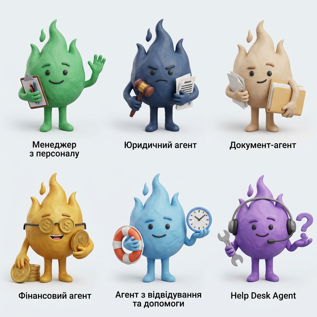 AI Design for A collection of 6 stylized 3D characters, each representing a unique professional role: HR agent, legal agent, document agent, finance agent, attendance agent, and help desk agent. Each character features a distinct fashion style, personality, and color palette, rendered with soft, friendly, rounded features and high-quality claymation-style textures. The characters should look intentionally crafted , captured in a clean studio setting with soft, diffuse lighting and a shallow depth of field.