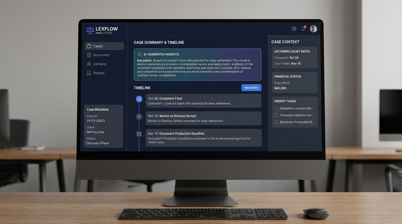 AI Design for A high-fidelity UI/UX design for a professional legal case management dashboard, styled like a premium Enterprise SaaS application. The layout features a clean, modern sidebar with case metadata, a central main area showcasing an AI-generated case summary, a comprehensive chronological timeline of legal events, and a persistent right-hand context panel displaying upcoming court dates, financial status, and urgent tasks. Use a professional color palette of deep navy, slate gray, and crisp white with subtle blue accents for action buttons. The design should emphasize clarity, hierarchy, and a 'command center' feel, presented on a high-resolution desktop monitor display.
