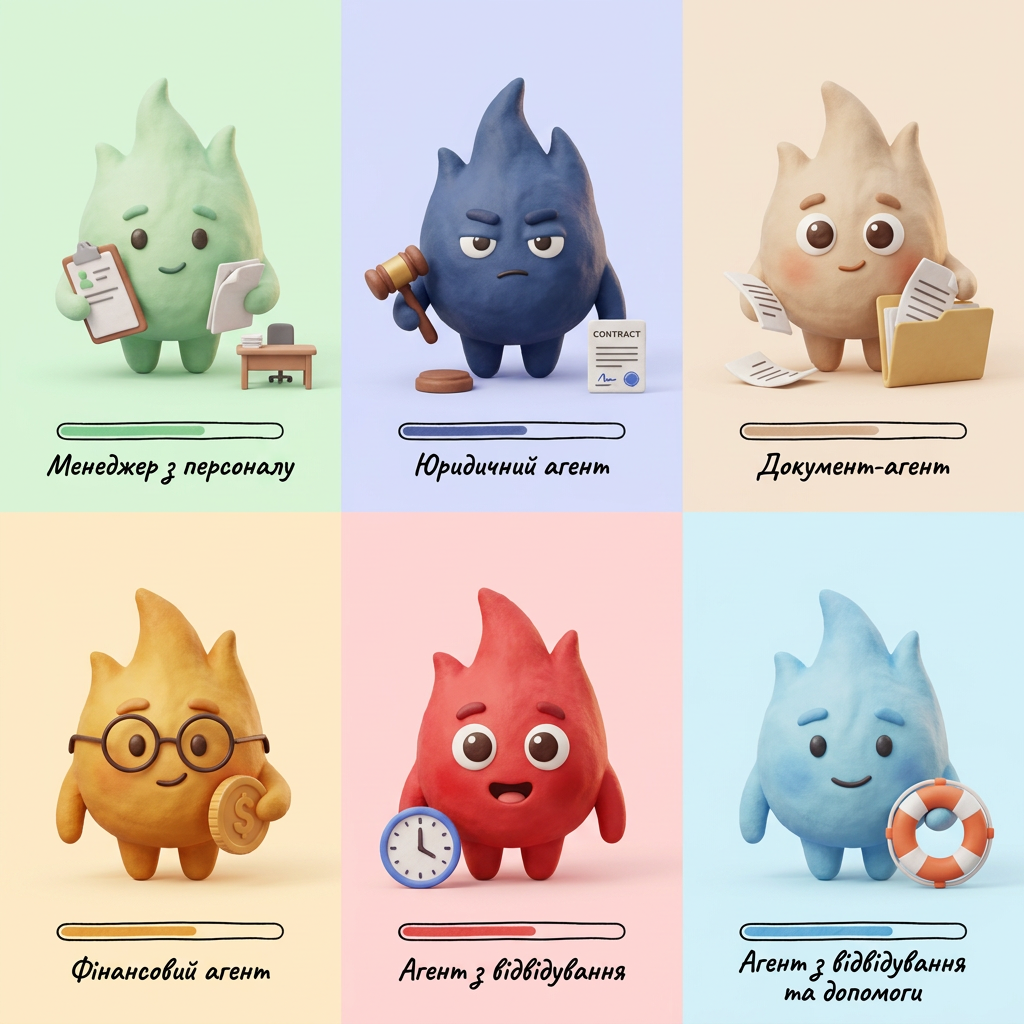 AI Design for A collection of 6 stylized 3D characters, each representing a unique professional role: HR agent, legal agent, document agent, finance agent, attendance agent, and help desk agent. Each character features a distinct fashion style, personality, and color palette, rendered with soft, friendly, rounded features and high-quality  The characters should look intentionally crafted
make them like hand
