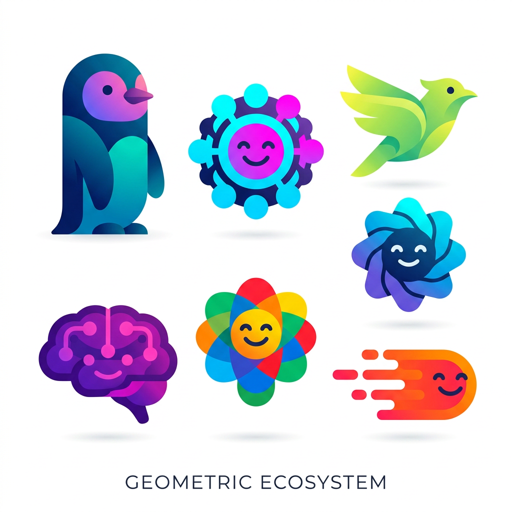 AI Design for A set of minimal, abstract geometric mascots designed as a cohesive brand ecosystem. Each character features modular, rounded forms and smooth, clean curves, rendered in a flat vector style with vibrant neon gradients. The mascots possess unique silhouettes and distinct color palettes while sharing a unified design DNA, evoking a friendly, intelligent, and premium SaaS aesthetic. Isolated on a crisp white background, these iconic avatars are optimized for clarity