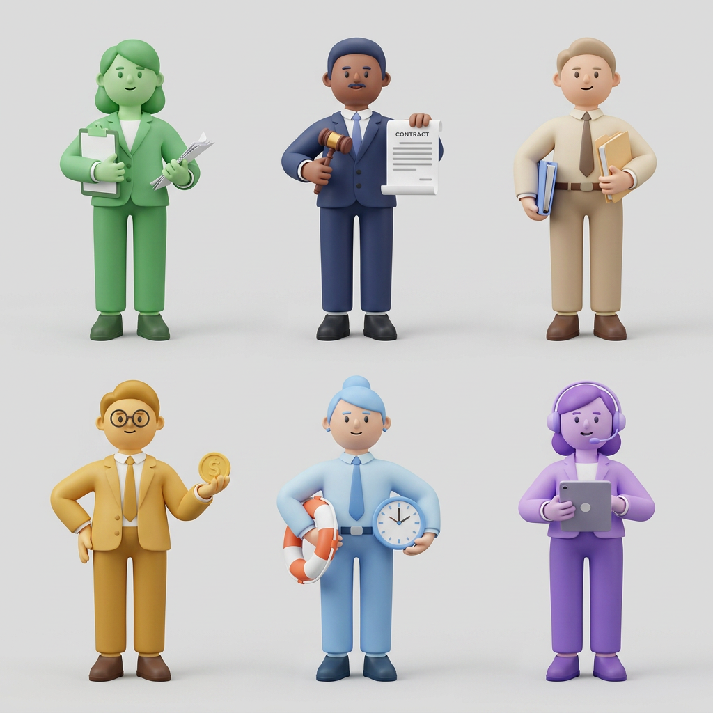 AI Design for A collection of 6 stylized 3D characters, each representing a unique professional role: HR agent, legal agent, document agent, finance agent, attendance agent, and help desk agent. Each character features a distinct fashion style, personality, and color palette, rendered with soft, friendly, rounded features and high-quality