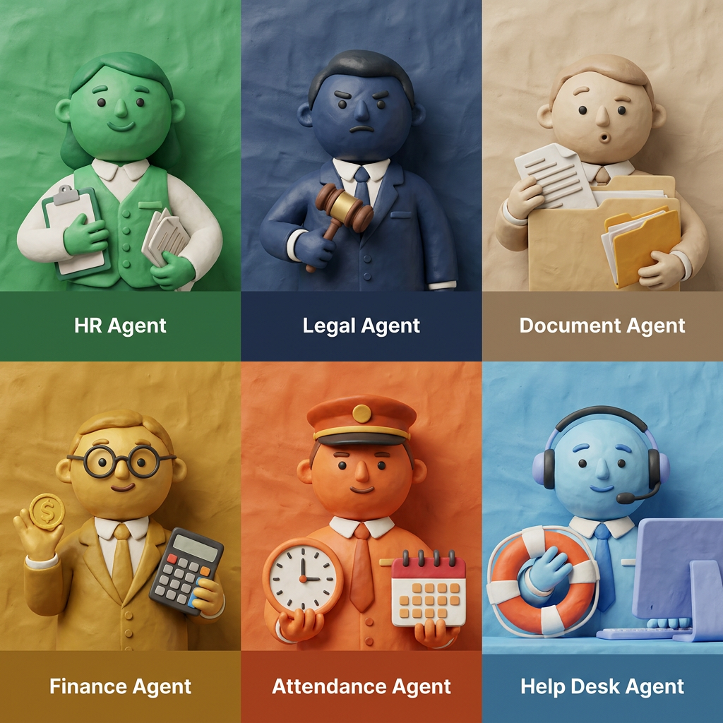 AI Design for A collection of 6 stylized 3D characters, each representing a unique professional role: HR agent, legal agent, document agent, finance agent, attendance agent, and help desk agent. Each character features a distinct fashion style, personality, and color palette, rendered with soft, friendly, rounded features and high-quality claymation-style textures. The characters should look intentionally crafted
make them like hand