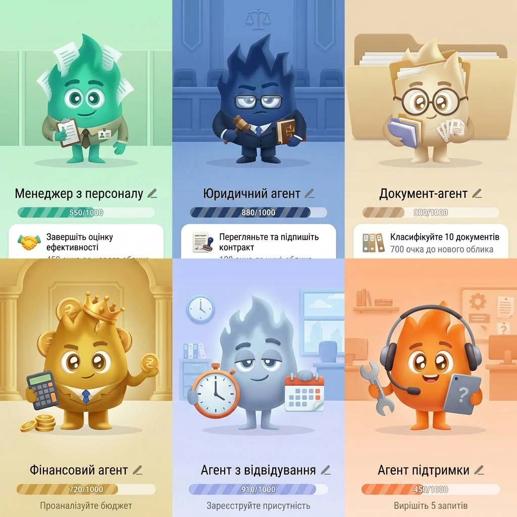 AI Design for A collection of 6 stylized 3D characters, each representing a unique professional role: HR agent, legal agent, document agent, finance agent, attendance agent, and help desk agent. Each character features a distinct fashion style, personality, and color palette, rendered with soft, friendly, rounded features and high-quality