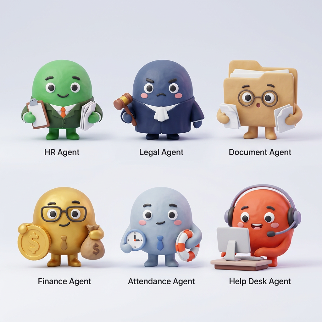 AI Design for A collection of 6 stylized 3D characters, each representing a unique professional role: HR agent, legal agent, document agent, finance agent, attendance agent, and help desk agent. Each character features a distinct fashion style, personality, and color palette, rendered with soft, friendly, rounded features and high-quality claymation-style textures. The characters should look intentionally crafted , captured in a clean studio setting with soft, diffuse lighting and a shallow depth of field.