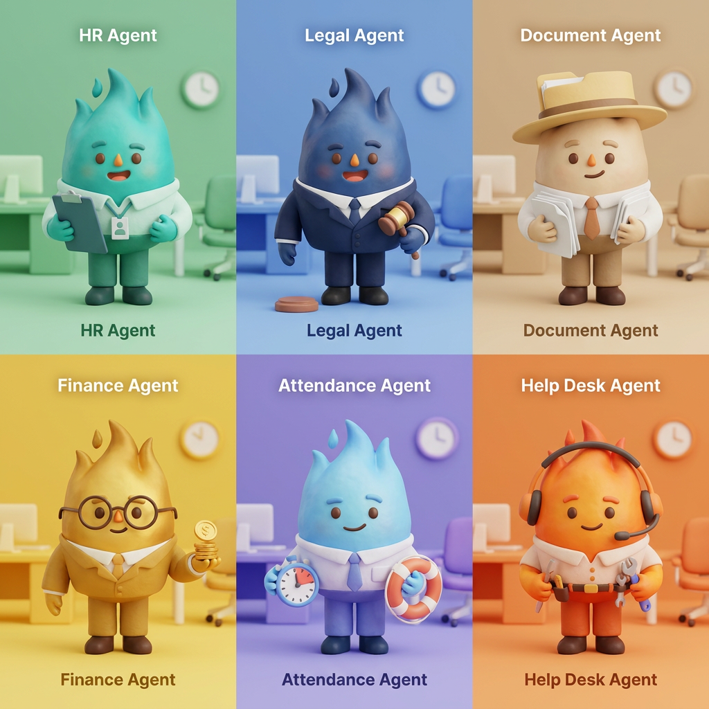 AI Design for A collection of 6 stylized 3D characters, each representing a unique professional role: HR agent, legal agent, document agent, finance agent, attendance agent, and help desk agent. Each character features a distinct fashion style, personality, and color palette, rendered with soft, friendly, rounded features and high-quality claymation-style textures. The characters should look intentionally crafted with human-like charm and warmth, captured in a clean studio setting with soft, diffuse lighting and a shallow depth of field.