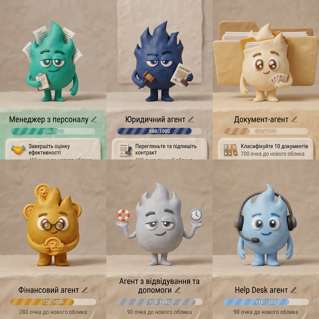 AI Design for A collection of 6 stylized 3D characters, each representing a unique professional role: HR agent, legal agent, document agent, finance agent, attendance agent, and help desk agent. Each character features a distinct fashion style, personality, and color palette, rendered with soft, friendly, rounded features and high-quality claymation-style textures. The characters should look intentionally crafted
make them like hand