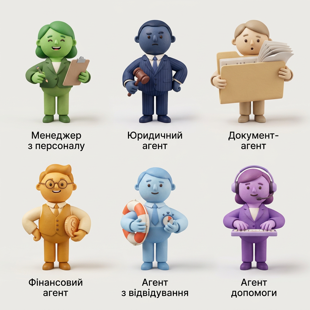 AI Design for A collection of 6 stylized 3D characters, each representing a unique professional role: HR agent, legal agent, document agent, finance agent, attendance agent, and help desk agent. Each character features a distinct fashion style, personality, and color palette, rendered with soft, friendly, rounded features and high-quality claymation-style textures. The characters should look intentionally crafted with human-like charm and warmth, captured in a clean studio setting with soft, diffuse lighting and a shallow depth of field.