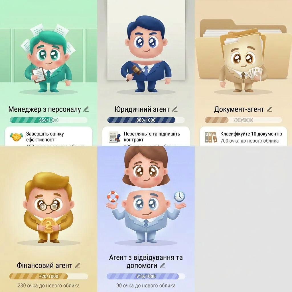 AI Design for A collection of 6 stylized 3D characters, each representing a unique professional role: HR agent, legal agent, document agent, finance agent, attendance agent, and help desk agent. Each character features a distinct fashion style, personality, and color palette, rendered with soft, friendly, rounded features and high-quality 
for human style make their head seprate from body and their face change big eye
