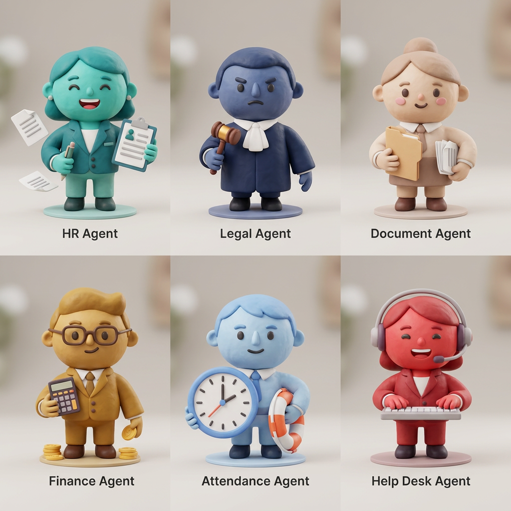 AI Design for A collection of 6 stylized 3D characters, each representing a unique professional role: HR agent, legal agent, document agent, finance agent, attendance agent, and help desk agent. Each character features a distinct fashion style, personality, and color palette, rendered with soft, friendly, rounded features and high-quality claymation-style textures. The characters should look intentionally crafted , captured in a clean studio setting with soft, diffuse lighting and a shallow depth of field.