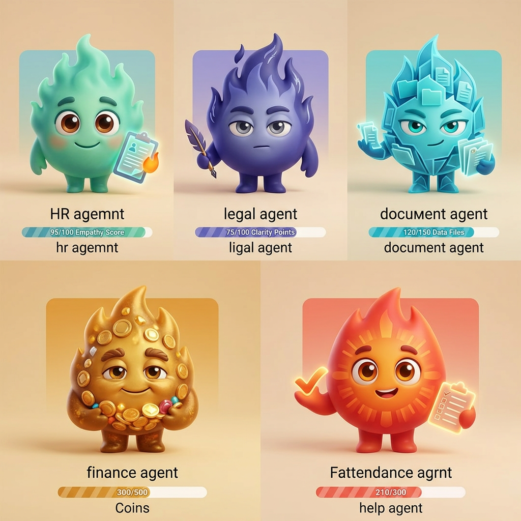 AI Design for make 5 character like this
 hr agemnt 
ligal agent
document agent
finance agent
Fattendance agrnt
help agent

their fire style must be diffrent
make them 3d
look at the pic i attached
they are very soft and friendly