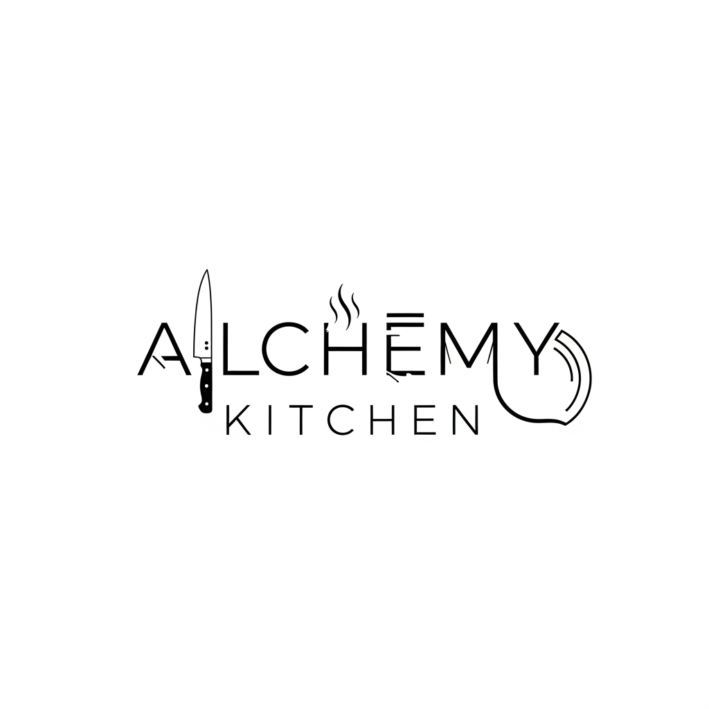 AI Design for Design a wordmark logo for "ALCHEMY KITCHEN" where the typography subtly tells a culinary story. The letter "A" incorporates a chef's knife, the letter "M" contains refined steam details, and the letter "C" subtly resembles a serving plate. All integrations must remain minimal and maintain excellent readability. Premium hospitality branding, custom geometric typography, black and white vector logo, luxury restaurant identity.go for a cloud kitchen "Alchemy Kitchen"