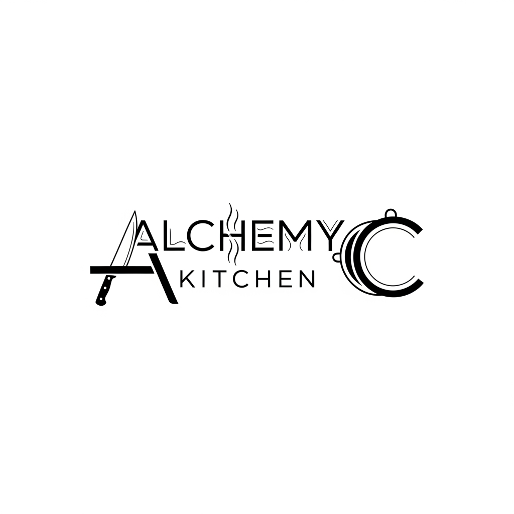AI Design for Design a wordmark logo for "ALCHEMY KITCHEN" where the typography subtly tells a culinary story. The letter "A" incorporates a chef's knife, the letter "M" contains refined steam details, and the letter "C" subtly resembles a serving plate. All integrations must remain minimal and maintain excellent readability. Premium hospitality branding, custom geometric typography, black and white vector logo, luxury restaurant identity.go for a cloud kitchen "Alchemy Kitchen"