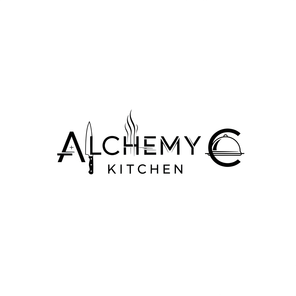 AI Design for Design a wordmark logo for "ALCHEMY KITCHEN" where the typography subtly tells a culinary story. The letter "A" incorporates a chef's knife, the letter "M" contains refined steam details, and the letter "C" subtly resembles a serving plate. All integrations must remain minimal and maintain excellent readability. Premium hospitality branding, custom geometric typography, black and white vector logo, luxury restaurant identity.go for a cloud kitchen "Alchemy Kitchen"