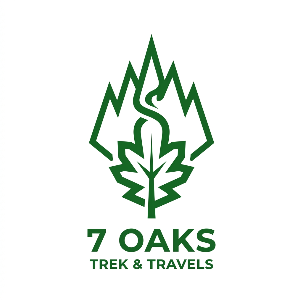 AI Design for Create a minimalist, highly symbolic brand mark/logo for an adventure company named "7 Oaks - Trek and Travels".
The design must NOT be a detailed badge, patch, illustration, or scenic landscape. Instead, it must be a pure, ultra-simple geometric or fluid icon that carries deep meaning, similar to the simplicity of the Nike Swoosh or Adidas Three Stripes. It must be instantly recognizable, modern, and rugged.
Incorporate three hidden meanings into a single unified vector shape:
1. Seven Oaks: Stylize the number "7" so that it seamlessly transforms into or mimics a sharp oak leaf silhouette or a cluster of seven minimal lines/nodes.
2. The Himalayas: The overall silhouette of the mark must evoke the sharp, towering peaks of a mountain range (specifically a trident peak or an upward-climbing arrowhead).
3. Trekking/Travel: A continuous, fluid path or line that cuts through the shape, symbolizing a journey, navigation, and endless trails.
Design constraints:
- Style: Ultra-minimalist, flat vector icon, clean lines, strong negative space.
- Colors: High-contrast monochrome (solid forest green or dark charcoal on a crisp white background). No gradients, no complex shading.
- Presentation: Display the standalone symbol centered on a clean background. Underneath the symbol, use a clean, rugged, all-caps sans-serif typography for "7 OAKS" and a smaller secondary line for "TREK & TRAVELS".
- Execution: Make it look premium, timeless, and easily stampable on outdoor gear, apparel, and hardware. imove the above ideas to more specific ,to inida uttrakhand himachal cultural see to it\