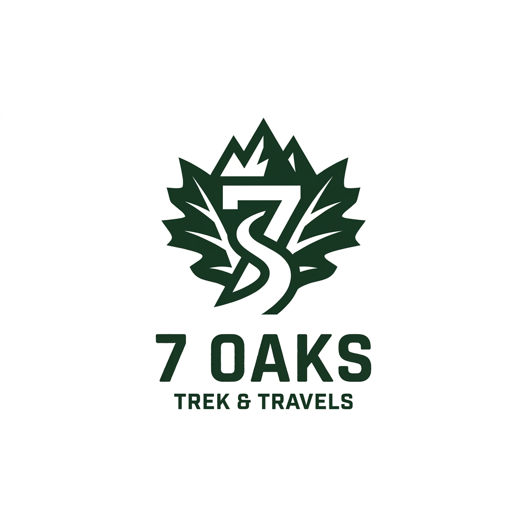 AI Design for Create a minimalist, highly symbolic brand mark/logo for an adventure company named "7 Oaks - Trek and Travels".
The design must NOT be a detailed badge, patch, illustration, or scenic landscape. Instead, it must be a pure, ultra-simple geometric or fluid icon that carries deep meaning, similar to the simplicity of the Nike Swoosh or Adidas Three Stripes. It must be instantly recognizable, modern, and rugged.
Incorporate three hidden meanings into a single unified vector shape:
1. Seven Oaks: Stylize the number "7" so that it seamlessly transforms into or mimics a sharp oak leaf silhouette or a cluster of seven minimal lines/nodes.
2. The Himalayas: The overall silhouette of the mark must evoke the sharp, towering peaks of a mountain range (specifically a trident peak or an upward-climbing arrowhead).
3. Trekking/Travel: A continuous, fluid path or line that cuts through the shape, symbolizing a journey, navigation, and endless trails.
Design constraints:
- Style: Ultra-minimalist, flat vector icon, clean lines, strong negative space.
- Colors: High-contrast monochrome (solid forest green or dark charcoal on a crisp white background). No gradients, no complex shading.
- Presentation: Display the standalone symbol centered on a clean background. Underneath the symbol, use a clean, rugged, all-caps sans-serif typography for "7 OAKS" and a smaller secondary line for "TREK & TRAVELS".
- Execution: Make it look premium, timeless, and easily stampable on outdoor gear, apparel, and hardware. imove the above ideas to more specific ,to inida uttrakhand himachal cultural see to it\
