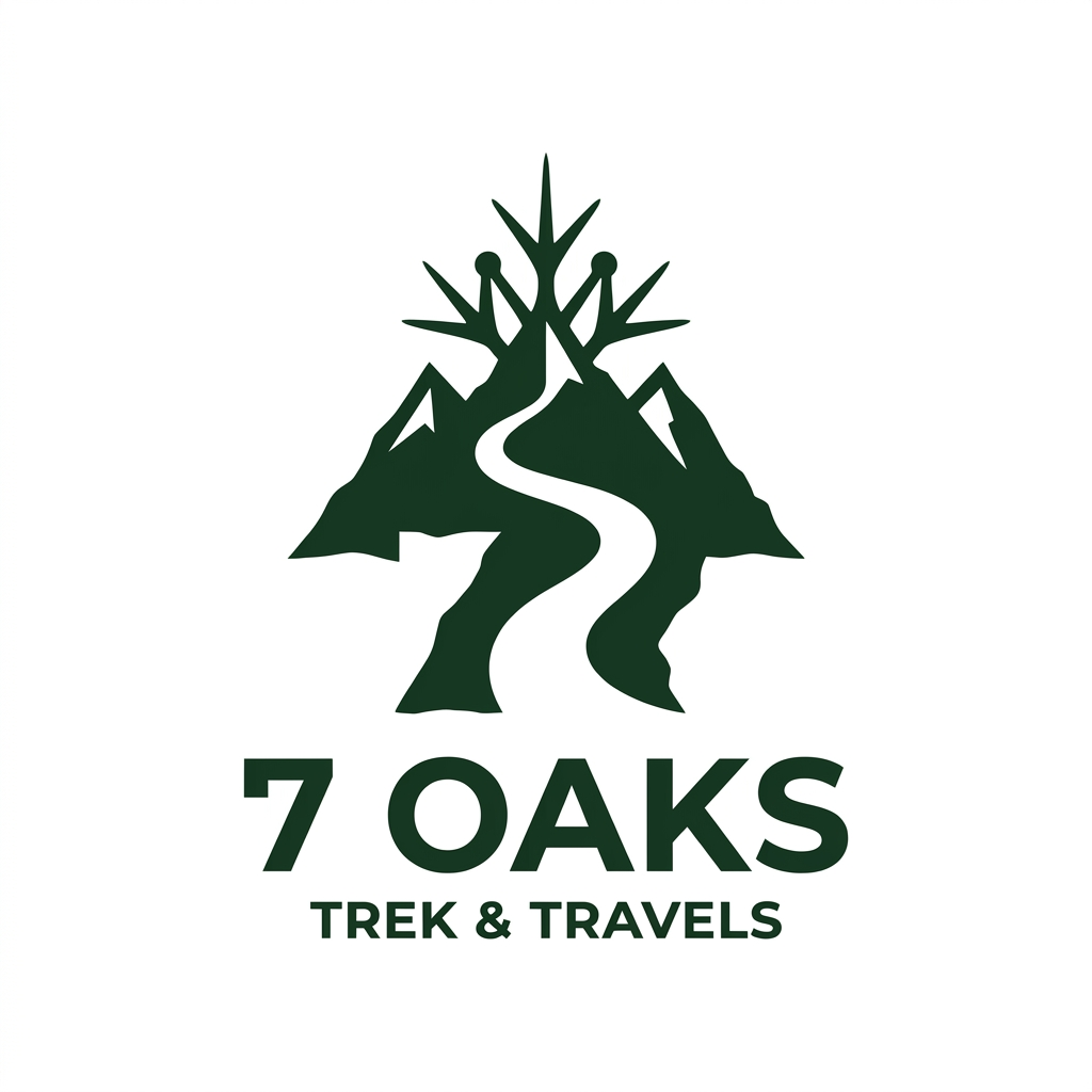 AI Design for Create a minimalist, highly symbolic brand mark/logo for an adventure company named "7 Oaks - Trek and Travels".
The design must NOT be a detailed badge, patch, illustration, or scenic landscape. Instead, it must be a pure, ultra-simple geometric or fluid icon that carries deep meaning, similar to the simplicity of the Nike Swoosh or Adidas Three Stripes. It must be instantly recognizable, modern, and rugged.
Incorporate three hidden meanings into a single unified vector shape:
1. Seven Oaks: Stylize the number "7" so that it seamlessly transforms into or mimics a sharp oak leaf silhouette or a cluster of seven minimal lines/nodes.
2. The Himalayas: The overall silhouette of the mark must evoke the sharp, towering peaks of a mountain range (specifically a trident peak or an upward-climbing arrowhead).
3. Trekking/Travel: A continuous, fluid path or line that cuts through the shape, symbolizing a journey, navigation, and endless trails.
Design constraints:
- Style: Ultra-minimalist, flat vector icon, clean lines, strong negative space.
- Colors: High-contrast monochrome (solid forest green or dark charcoal on a crisp white background). No gradients, no complex shading.
- Presentation: Display the standalone symbol centered on a clean background. Underneath the symbol, use a clean, rugged, all-caps sans-serif typography for "7 OAKS" and a smaller secondary line for "TREK & TRAVELS".
- Execution: Make it look premium, timeless, and easily stampable on outdoor gear, apparel, and hardware. imove the above ideas to more specific ,to inida uttrakhand himachal cultural see to it