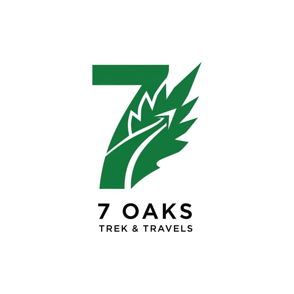 AI Design for logo Create a minimalist, highly symbolic brand mark/logo for an adventure company named "7 Oaks - Trek and Travels".
The design must NOT be a detailed badge, patch, illustration, or scenic landscape. Instead, it must be a pure, ultra-simple geometric or fluid icon that carries deep meaning, similar to the simplicity of the Nike Swoosh or Adidas Three Stripes. It must be instantly recognizable, modern, and rugged.
Incorporate three hidden meanings into a single unified vector shape:
1. Seven Oaks: Stylize the number "7" so that it seamlessly transforms into or mimics a sharp oak leaf silhouette or a cluster of seven minimal lines/nodes.
2. The Himalayas: The overall silhouette of the mark must evoke the sharp, towering peaks of a mountain range (specifically a trident peak or an upward-climbing arrowhead).
3. Trekking/Travel: A continuous, fluid path or line that cuts through the shape, symbolizing a journey, navigation, and endless trails.
Design constraints:
- Style: Ultra-minimalist, flat vector icon, clean lines, strong negative space.
- Colors: High-contrast monochrome (solid forest green or dark charcoal on a crisp white background). No gradients, no complex shading.
- Presentation: Display the standalone symbol centered on a clean background. Underneath the symbol, use a clean, rugged, all-caps sans-serif typography for "7 OAKS" and a smaller secondary line for "TREK & TRAVELS".
- Execution: Make it look premium, timeless, and easily stampable on outdoor gear, apparel, and hardware.